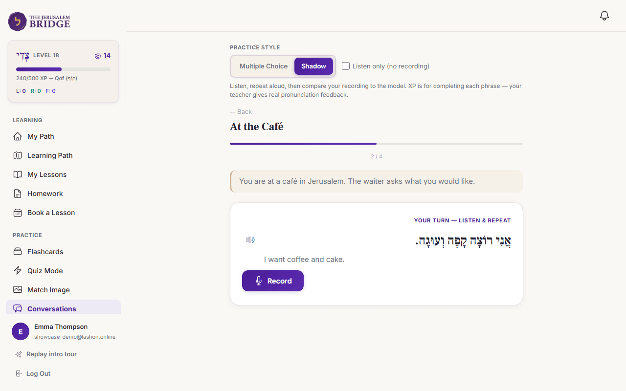 Conversation practice: shadowing with TTS and recording, or multiple-choice replies from lesson scenarios