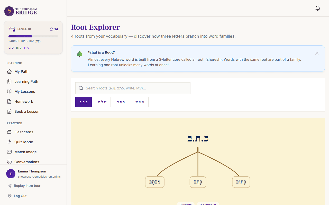 Root Explorer: Hebrew triliteral roots with derived words, binyanim, nouns, adjectives